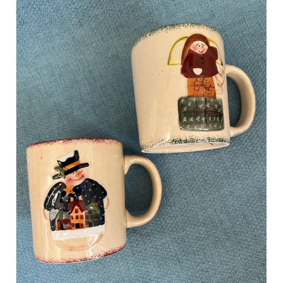 Holiday Christmas Coffee Mug 3D Snowman Angel Set / 2 Oldies Look Microwave Safe - Picture 4 of 8